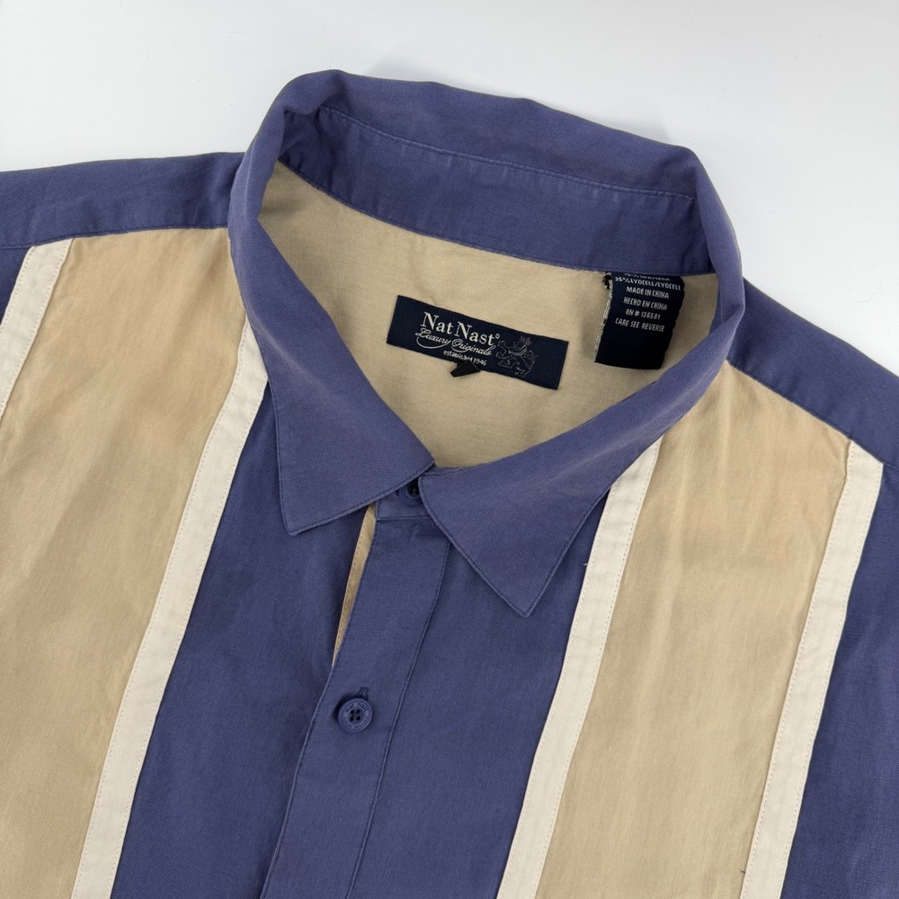 Nat Nast Bowling Shirt Mens XL Blue Tan Silk Lyocell Color Block Striped